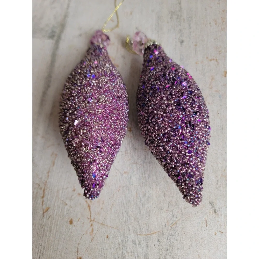 Abstract purple beaded sequin glitter ornament Xmas vintage set unique Home